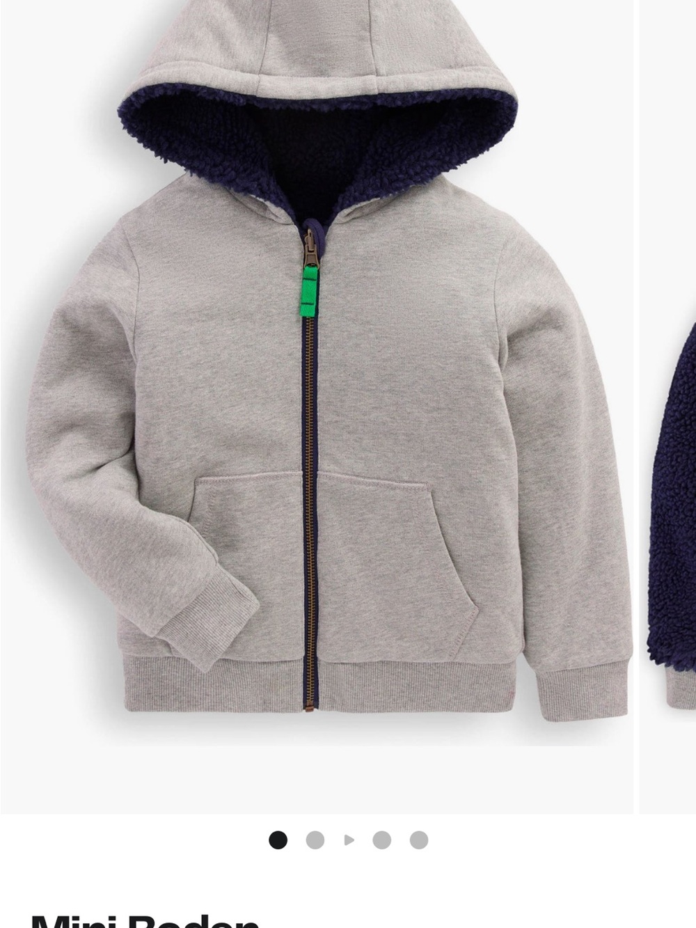 NWT Mini Boden Gray Zip-Up Hoodie with Navy Sherpa Lining